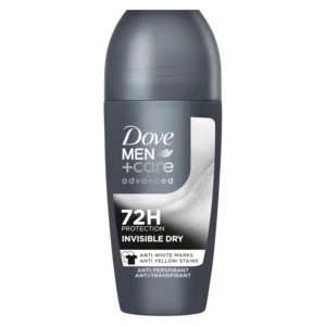 Dove Men+Care Invisible Dry roll-on deodorant provides 72-hour sweat and odor protection with moisturizers and no white marks or yellow stains.