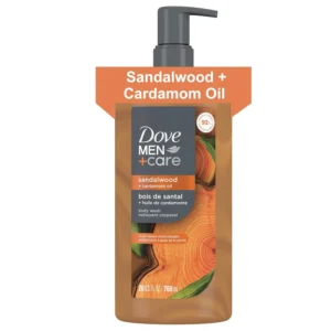 This is a 26 oz pump bottle of Dove Men+Care Sandalwood and Cardamom Oil body wash, made with plant-based cleansers to moisturize and rebuild men's skin in the shower.