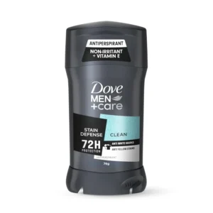 Dove Men+Care Stain Defense deodorant stick offers 72-hour sweat and odor protection with a fresh scent and no white marks or yellow stains, plus it contains vitamin E and moisturizers for comfortable underarm care.
