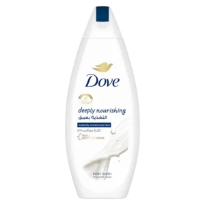 A bottle of Dove Deeply Nourishing Body Wash offers a sulfate and paraben free formula for instantly softer, moisturized, and healthy skin.