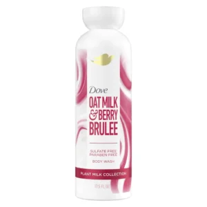Dove Oat Milk & Berry Brulee body wash provides a gentle, moisturizing cleanse for soft, healthy-looking skin, and is made without sulfates or parabens.