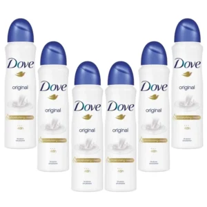 This is a case of six 250ml cans of Dove Original Anti-Perspirant Deodorant Spray.