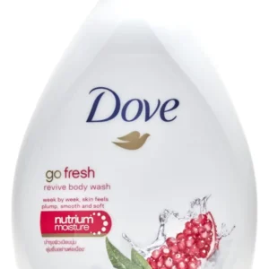 A 33.8 ounce bottle of Dove Go Fresh Revive Body Wash with pomegranate and lemon verbena scent for light hydration and nourishing the skin.