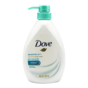 This is a 550 ML bottle of Dove Sensitive Skin Body Wash, a hypoallergenic and dermatologist-tested formula with NutriumMoisture, designed to deeply nourish and protect delicate skin, leaving it soft and smooth.