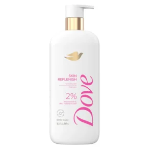 Dove Skin Replenish body wash with niacinamide and BHA serum for smooth, hydrated skin and a revitalizing pink lily scent.