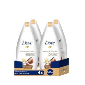 This is a pack of four 16.9 ounce bottles of Dove Purely Pampering body wash with shea butter and warm vanilla scent, a dermatologist-recommended moisturizing body wash.