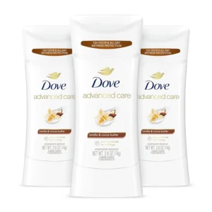 This image shows Dove Advanced Care Vanilla & Cocoa Butter Antiperspirant Deodorant Stick, offering 72-hour odor and all-day sweat protection with a comforting fragrance.