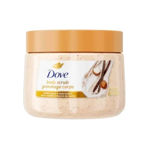 A jar of Dove Vanilla Sugar & Shea Butter Body Scrub, formulated with moisturizing cream, exfoliates to reveal smooth, radiant skin.
