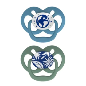 Dr. Brown's Advantage glow-in-the-dark pacifiers for babies 6-18 months feature a symmetrical, reversible silicone bulb and a breathable shield to minimize skin irritation.