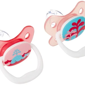 Two pink Dr. Brown's Prevent orthodontic soothers designed by a pediatric dentist to reduce pressure inside baby's mouth and prevent dental issues.