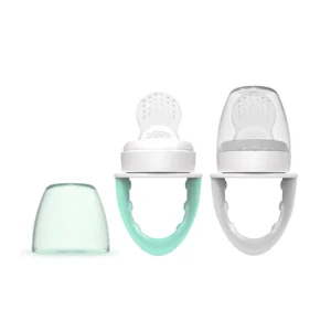This two-pack of mint and grey Dr. Brown's silicone feeders allows babies to safely self-feed fresh or frozen food through tiny holes, providing a durable, bite-resistant, and mess-free teething solution perfect for little mouths.