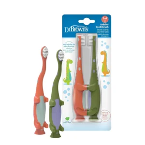 This 2-pack of Dr. Brown's baby and toddler toothbrushes features super-soft bristles for gently cleaning teeth and gums, easy-grip handles for little fingers, and a suction-cup base for convenient countertop storage.