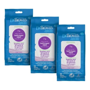 Three packs of Dr. Brown's grape flavored tooth and gum cleaning wipes for babies, perfect for establishing a healthy dental care routine without brushing.