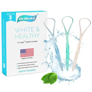 A 3-pack of Dr.Nick's White & Healthy tri-angle tongue cleaners, designed by a dentist to comfortably fit in your mouth and help cure bad breath, manufactured by Nylacarb.
