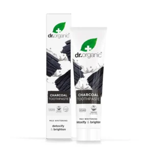 Dr. Organic charcoal toothpaste with silica, Icelandic moss and peppermint oil for natural whitening, anti-cavity protection and soothing gums.