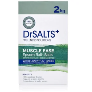 A 2kg bag of Dr Salts Muscle Ease Epsom bath salts helps relax and soothe tired muscles with eucalyptus, rosemary, and ginger essential oils.