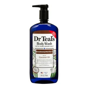 Dr Teal's Coconut Oil Epsom Salt Body Wash hydrates and moisturizes skin with aloe vera, shea butter, and vitamin E, while pure Epsom salt helps relieve tired muscles.