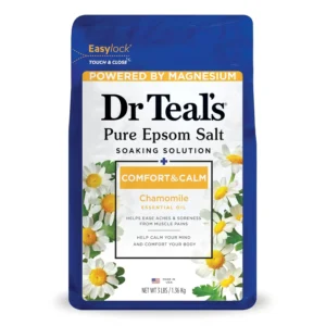 Dr Teal's Chamomile Epsom Salt Soaking Solution eases body aches and relaxes tense muscles for a therapeutic bath experience.