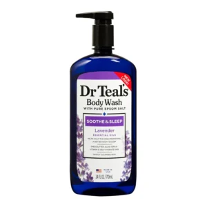 Dr Teal's Lavender Epsom Salt Body Wash moisturizes and conditions skin with aloe vera and shea butter while revitalizing tired muscles and promoting relaxation for a better night's sleep.