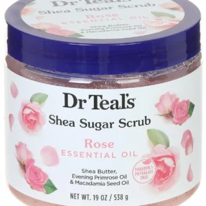 A jar of Dr Teal's Rose Shea Sugar Body Scrub that exfoliates and smooths skin with shea butter, sugar, and essential oils, and is paraben-free.