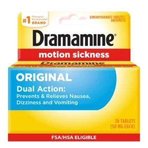 Package of 36 Dramamine tablets providing fast relief from nausea, dizziness, and vomiting caused by motion sickness.