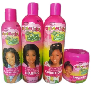 This African Pride Dream Kids Olive Miracle set features a detangling conditioner, moisturizing shampoo, edge control gel, and oil lotion for gentle hair care.