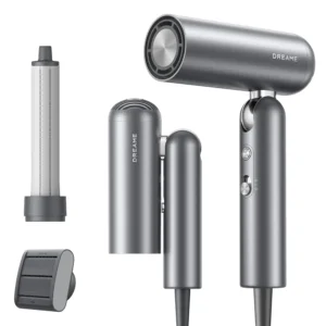 Grey Dreame Pocket hair dryer with nozzles, folding design, lightweight and high-speed drying for smooth, frizz-free hair and travel convenience.