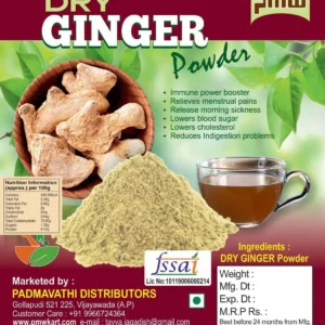 This is a jar of Pmw Grade A quality dry ginger powder, also known as Sunth, Sonti, and Sonth, weighing 500 grams and safe for consumption.