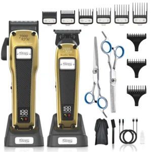 The DSP professional hair clipper set provides men with a cordless trimmer and DLC coated blade for barber-quality haircuts at home, complete with a charging base.