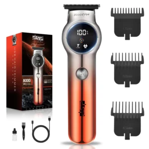 Red DSP cordless hair trimmer for men with LED display and zero gap blades, perfect for beard and hair grooming.