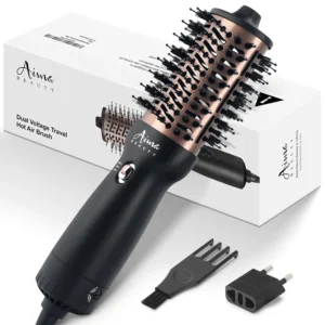 Aima Beauty dual voltage hot air brush is a 4-in-1 styling tool for worldwide travel, offering volumizing, straightening, and drying with negative ionic technology.