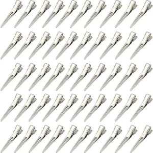 This image shows fifty silver metal duck bill clips, each 3.54 inches long, ideal for hair styling, sectioning, coloring and creating custom hairpins.