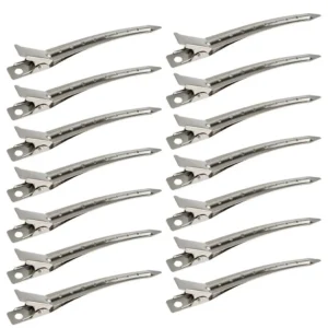 This image displays a pack of 24 silver metal duck bill clips, each 3.5 inches long and designed with holes for hair styling, coloring, and creating curls.