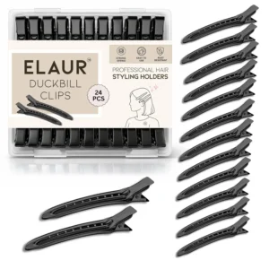 This image shows a 24-pack of black, 3.5-inch rustproof metal duck bill hair clips with ventilation holes, ideal for sectioning hair during styling, coloring, cutting, or blow-drying at home or in a salon.