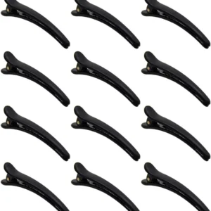 This image shows twelve durable plastic duckbill hair clips with a double prong design, ideal for creating curls and holding all hair types securely in salons or at home.