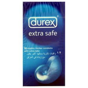Twelve Durex Extra Safe condoms providing extra silicone lube and a slightly thicker design for worry-free, pleasurable sex with a nominal width of 56mm.