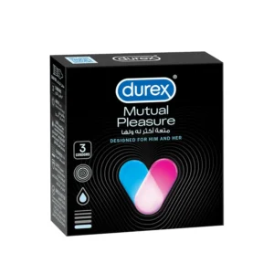 Three Durex Mutual Pleasure condoms in a pack, designed with ribs and dots for enhanced stimulation and containing Benzocaine for long-lasting pleasure.