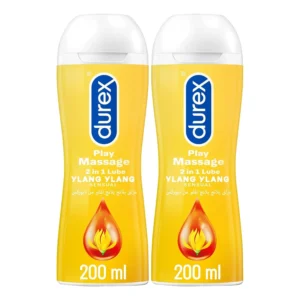Two bottles of Durex Play Sensual Massage lubricant infused with Ylang Ylang, a water-based and condom-friendly gel for body massage and intimate use.