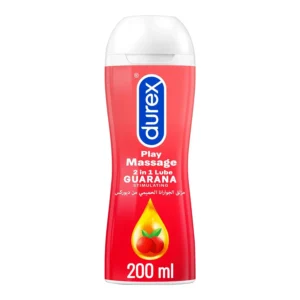 A bottle of Durex Play Stimulating Massage Lubricant with Guarana extract for sensual body massages and intimate use, offering a silky smooth, non-sticky experience.