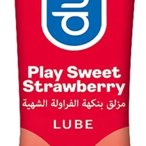 A bottle of Durex Play Sweet Strawberry lube to enhance sexual pleasure with its sweet strawberry flavor and aroma.