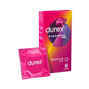 A pack of six Durex Pleasure Me condoms, designed with ribs and dots to enhance stimulation and made from transparent, lubricated natural rubber latex for comfort and safety.