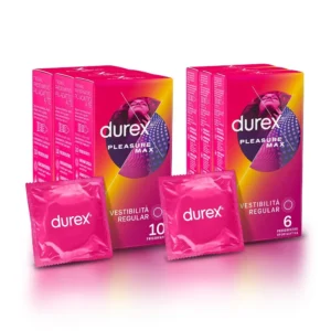 A box of 48 Durex Pleasuremax condoms, made with natural latex and featuring a textured surface with dots for enhanced stimulation and premium lubrication, eliminating latex odor.