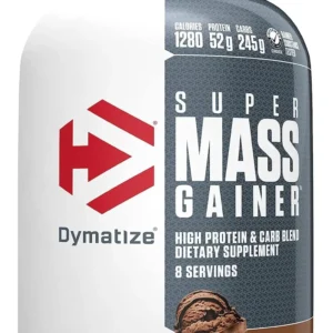 Dymatize Super Mass Gainer protein powder in rich chocolate flavor provides essential amino acids for muscle recovery and growth, fueling size and strength gains with 1900 calories when mixed with water.