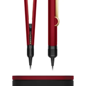 Dyson Airstrait hair straightener in red velvet and gold dries and straightens hair simultaneously using air, eliminating hot plates and heat damage for a natural, shiny, voluminous style.