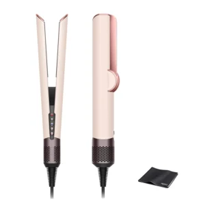 The Dyson Airstrait straightener in ceramic pink uses powerful airflow to straighten and dry hair quickly, reducing heat damage and creating a natural finish.