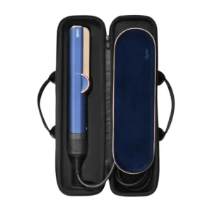 Black hard travel case designed to protect a Dyson Airstrait hair straightener and accessories during travel and storage.