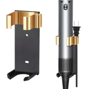 Black and gold aluminum wall mount holder for Dyson Airwrap attachments, curling irons, and straightening irons with a built-in cord clip.