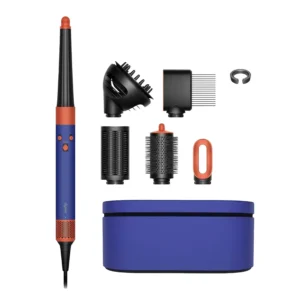 Dyson Airwrap I.D. multi-styler and dryer for curly and coily hair in vinca blue and topaz color, with a 1 year seller warranty, ideal for wavy hair types.