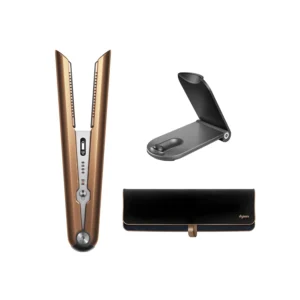 The Dyson Corrale hair straightener features flexing manganese copper plates that shape and gather hair for smooth styling on all hair types.