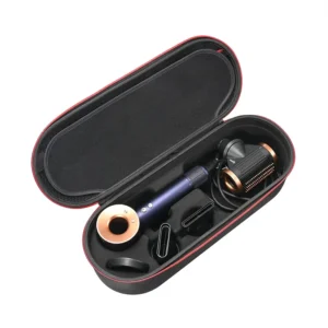 This black, hard-shell travel case is designed to protect and organize your Dyson Supersonic hair dryer and all its accessories, featuring custom-cut slots for each attachment and a zippered pocket for combs and small items.